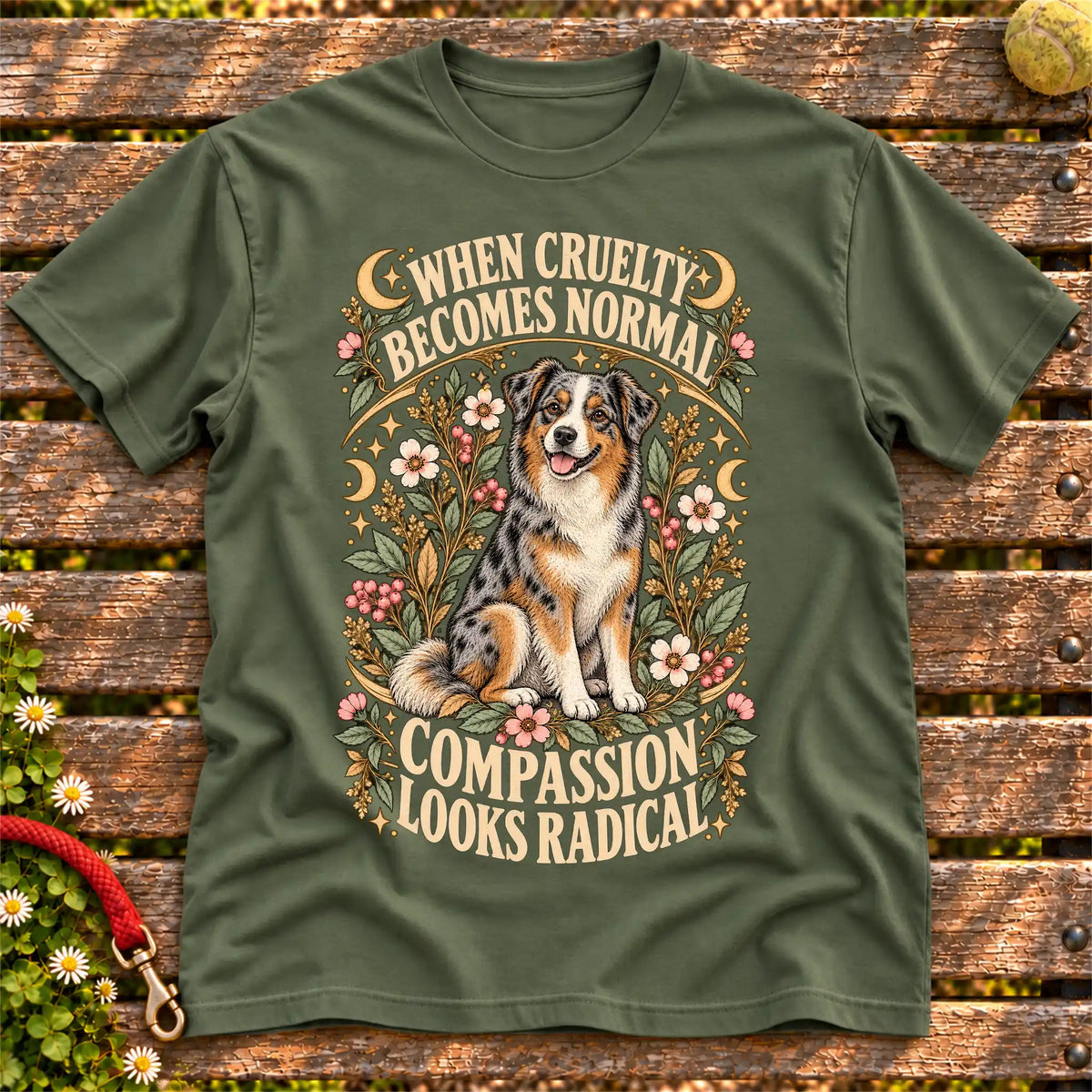 Compassion Looks Radical Australian Shepherd design on a Military Green Gildan T-shirt