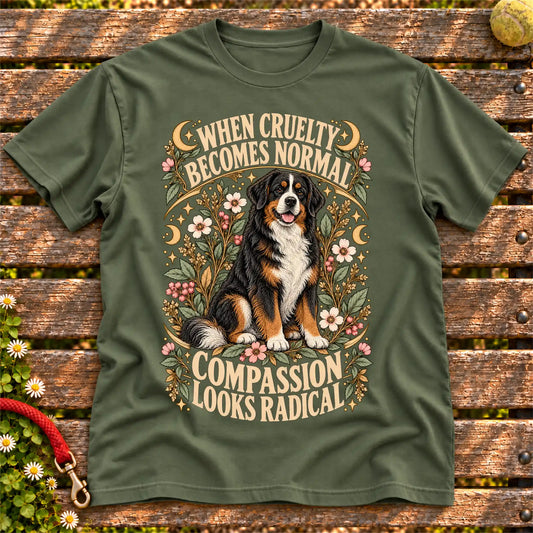 Compassion Looks Radical Bernese Mountain Dog design on a Military Green Gildan T-shirt