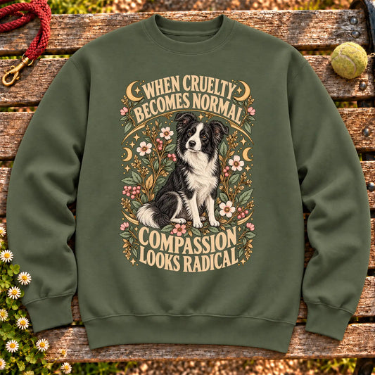 Compassion Looks Radical Border Collie design on a Military Green Gildan sweatshirt