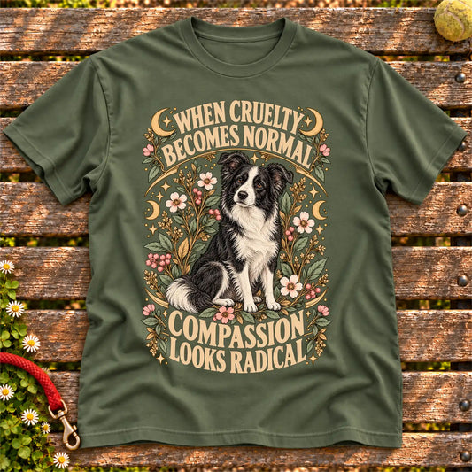 Compassion Looks Radical Border Collie design on a Military Green Gildan T-shirt