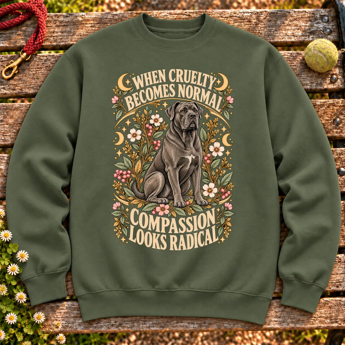 Compassion Looks Radical Cane Corso design on a Military Green Gildan sweatshirt
