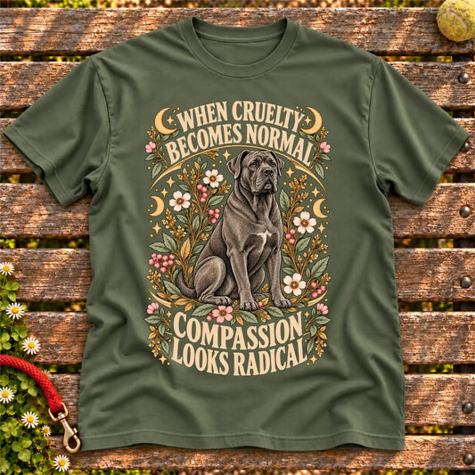 Compassion Looks Radical Cane Corso design on a Military Green Gildan T-shirt