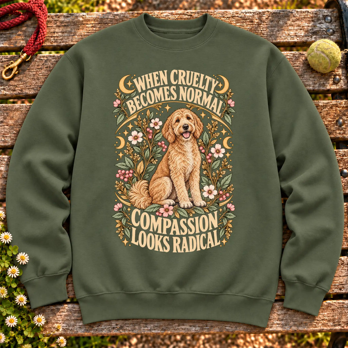 Compassion Looks Radical Goldendoodle design on a Military Green Gildan sweatshirt