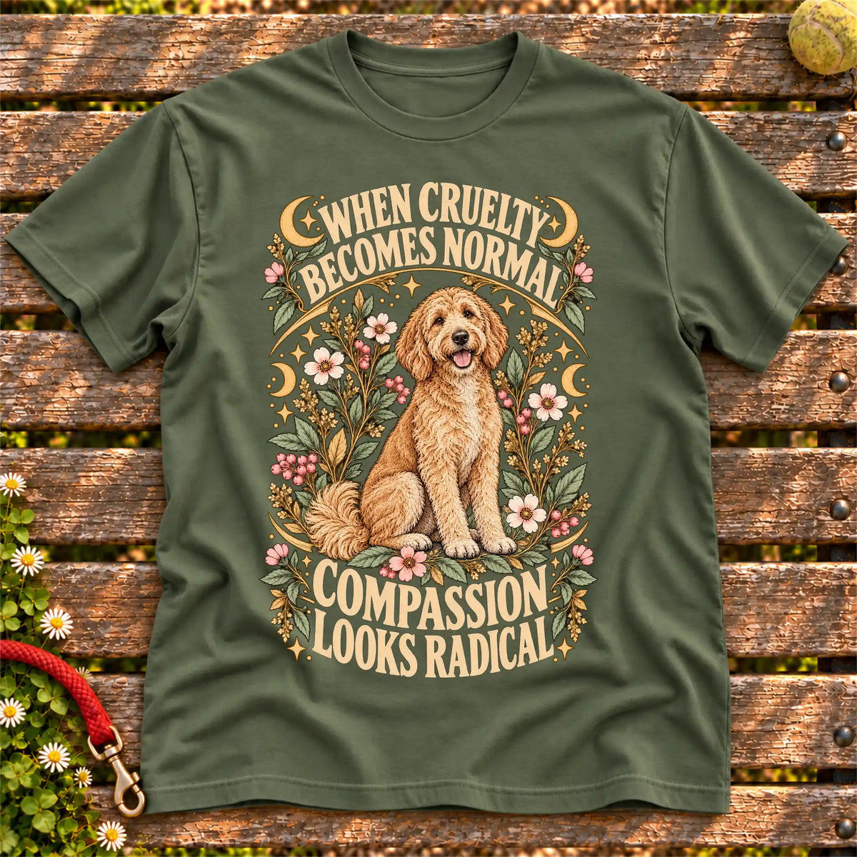 Compassion Looks Radical Goldendoodle design on a Military Green Gildan T-shirt