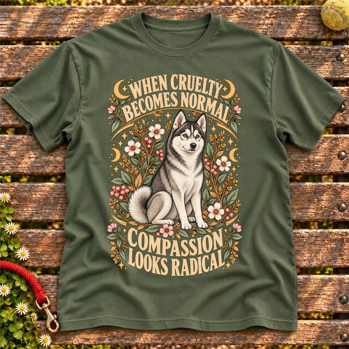 Compassion Looks Radical Husky design on a Military Green Gildan T-shirt