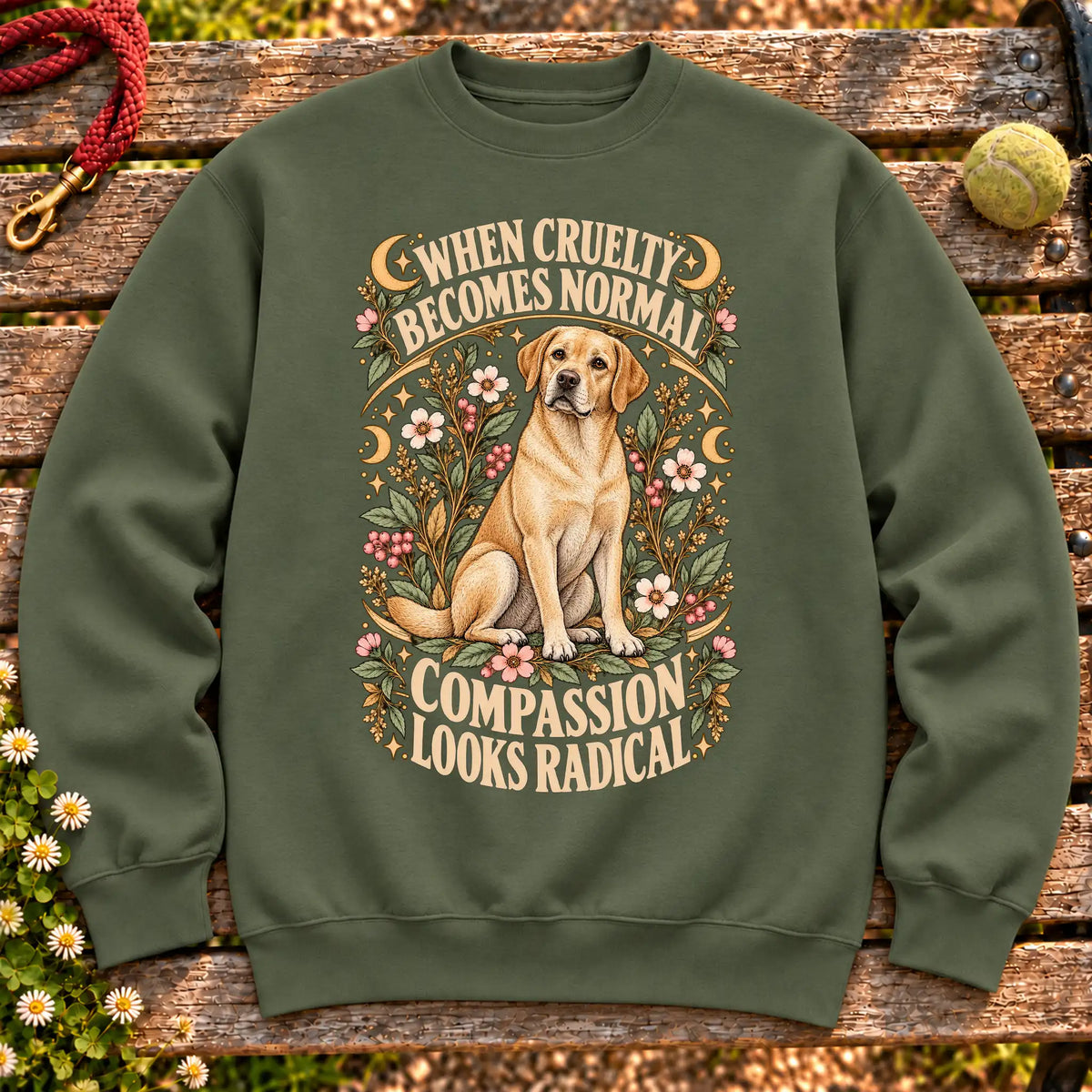 Compassion Looks Radical Labrador Retriever design on a Military Green Gildan sweatshirt