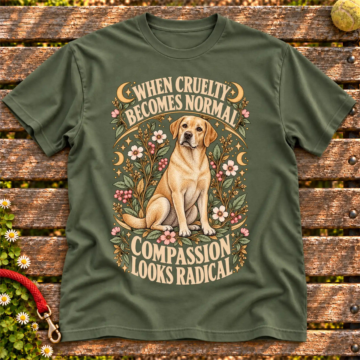 Compassion Looks Radical Labrador Retriever design on a Military Green Gildan T-shirt