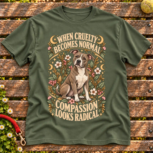 Compassion Looks Radical Pitbull design on a Military Green Gildan T-shirt
