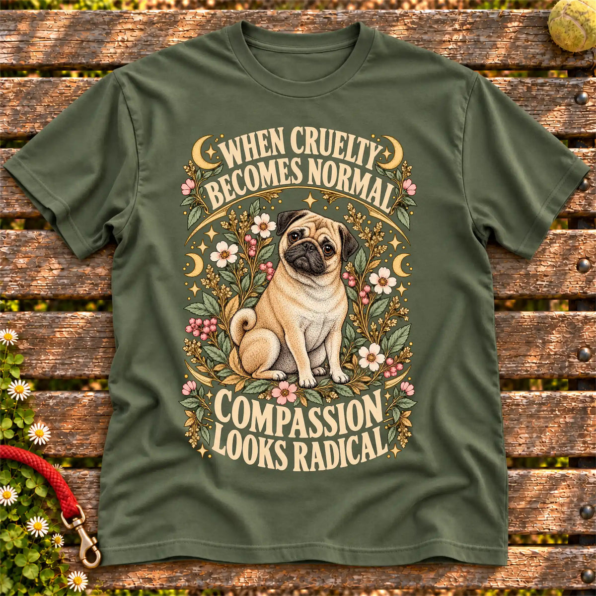 Compassion Looks Radical Pug design on a Military Green Gildan T-shirt