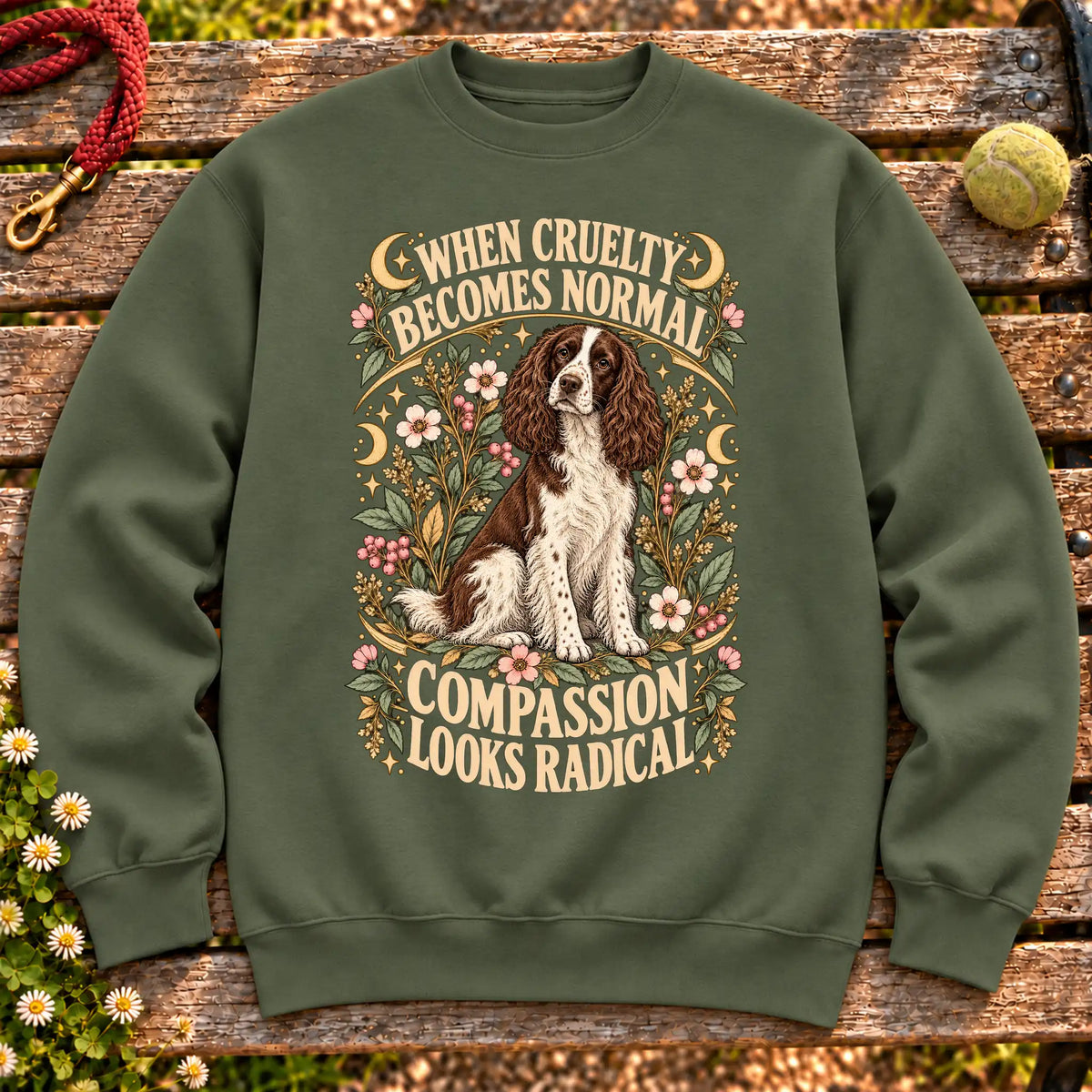 Compassion Looks Radical Springer Spaniel design on a Military Green Gildan sweatshirt