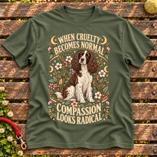 Compassion Looks Radical Springer Spaniel design on a Military Green Gildan T-shirt