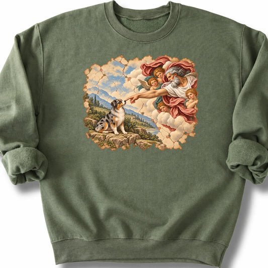 Australian Shepherd Creation of Adam design on a military green sweatshirt