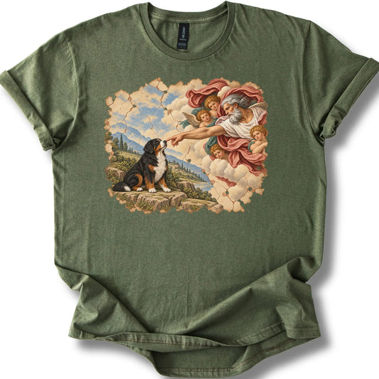 Bernese Mountain Dog Creation of Adam design on a military green T-shirt
