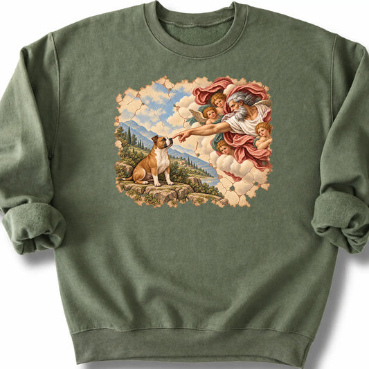 Pitbull Creation of Adam design on a military green sweatshirt