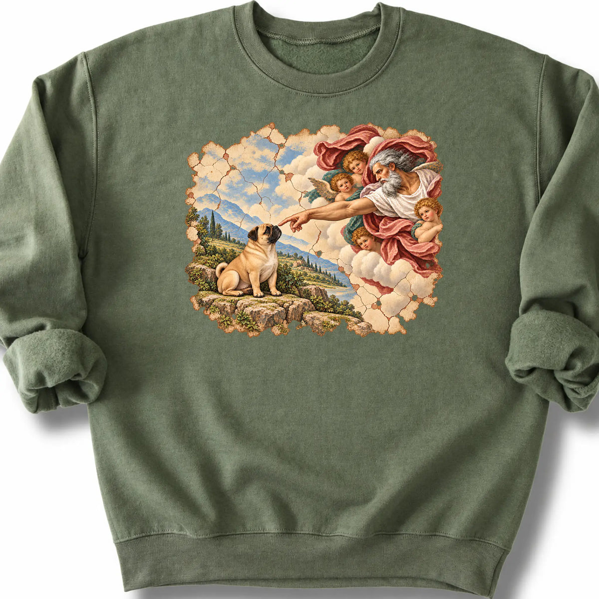 Pug Creation of Adam design on a military green sweatshirt
