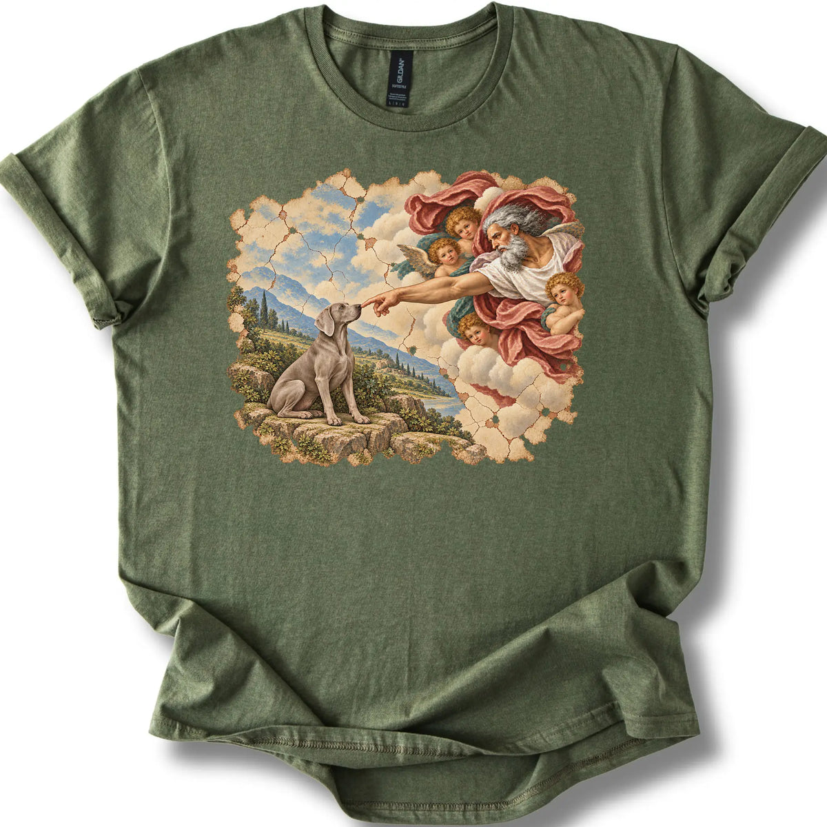 Weimaraner Creation of Adam design on a military green T-shirt