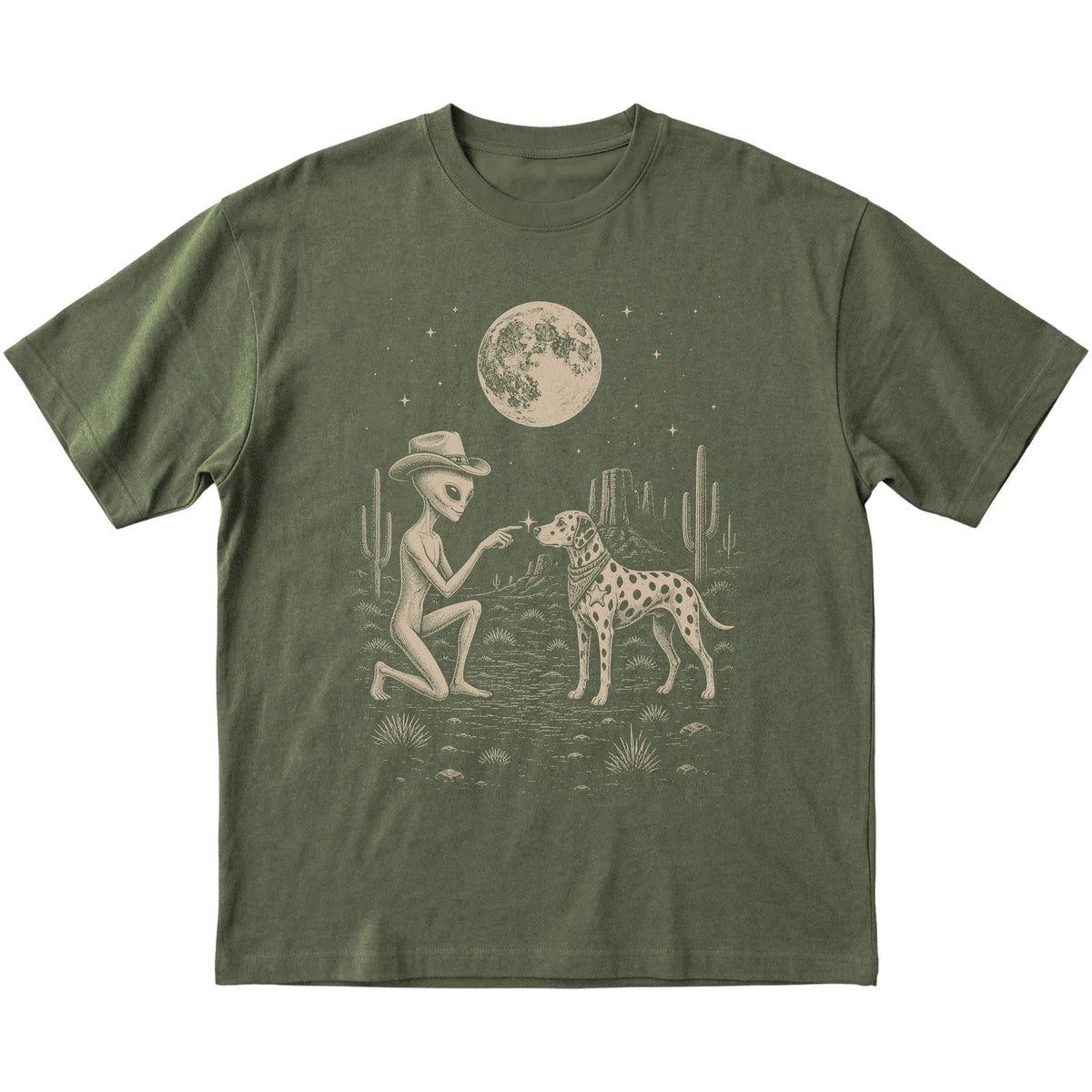 Military Green T-shirt featuring Dalmatian Cowboy and Alien, laid-flat presentation