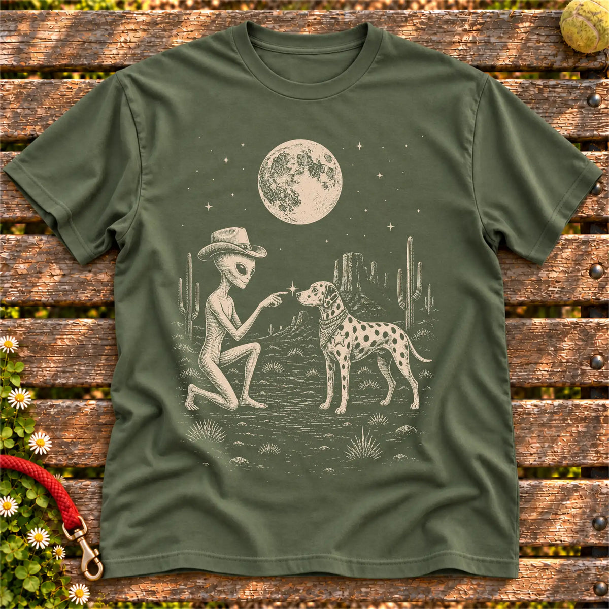 Dalmatian Cowboy and Alien on a Military Green T-shirt, shown flat