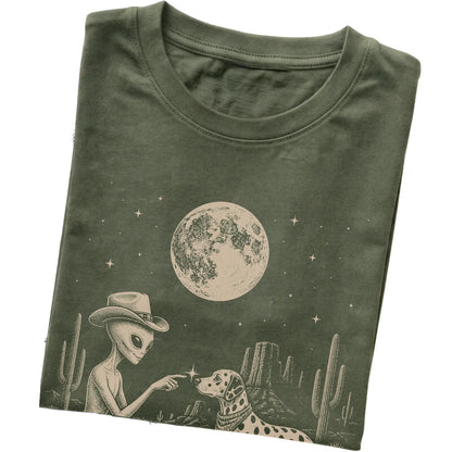 Military Green T-shirt featuring Dalmatian Cowboy and Alien, folded presentation