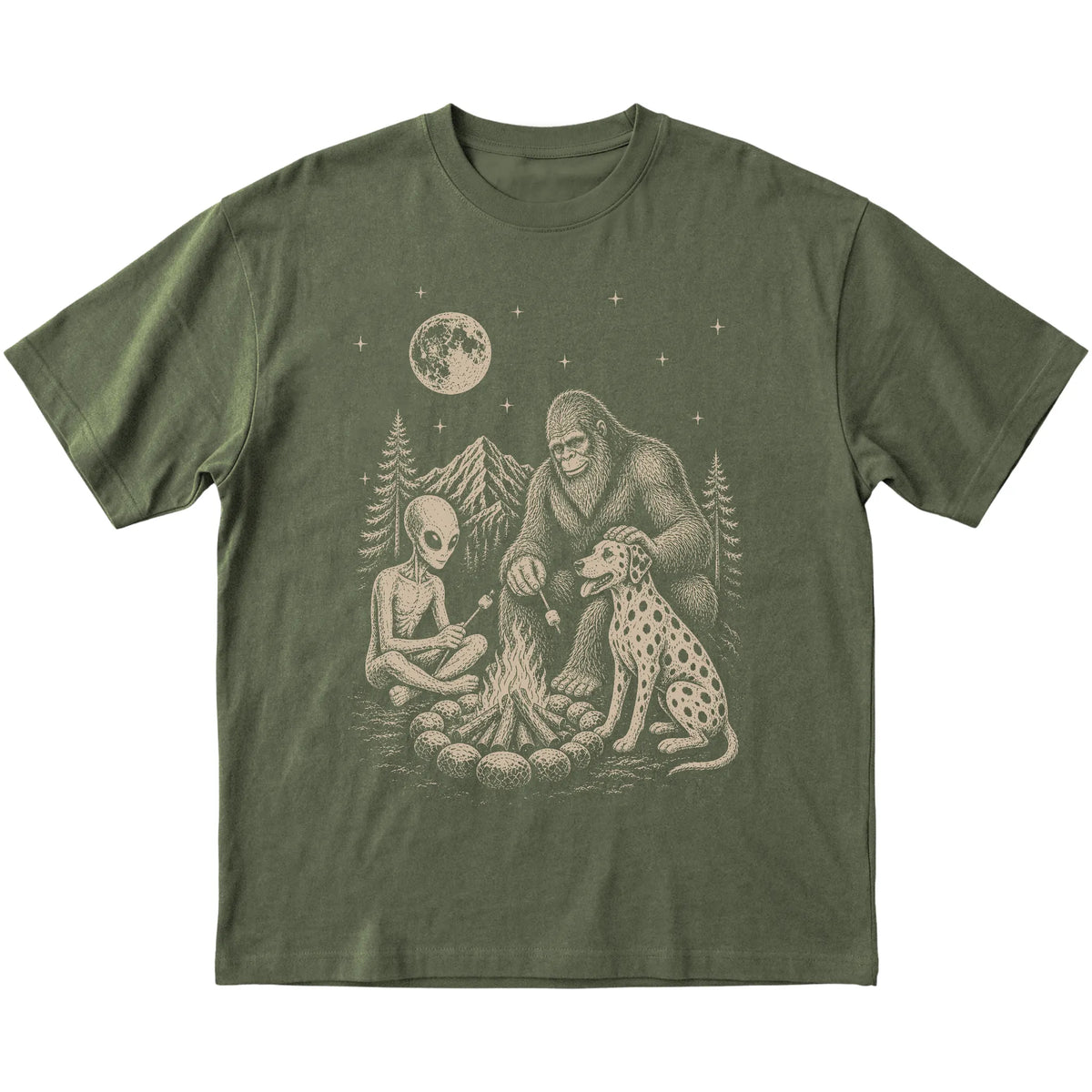 Military Green Dalmatian Camping with Bigfoot and Alien shirt laid flat