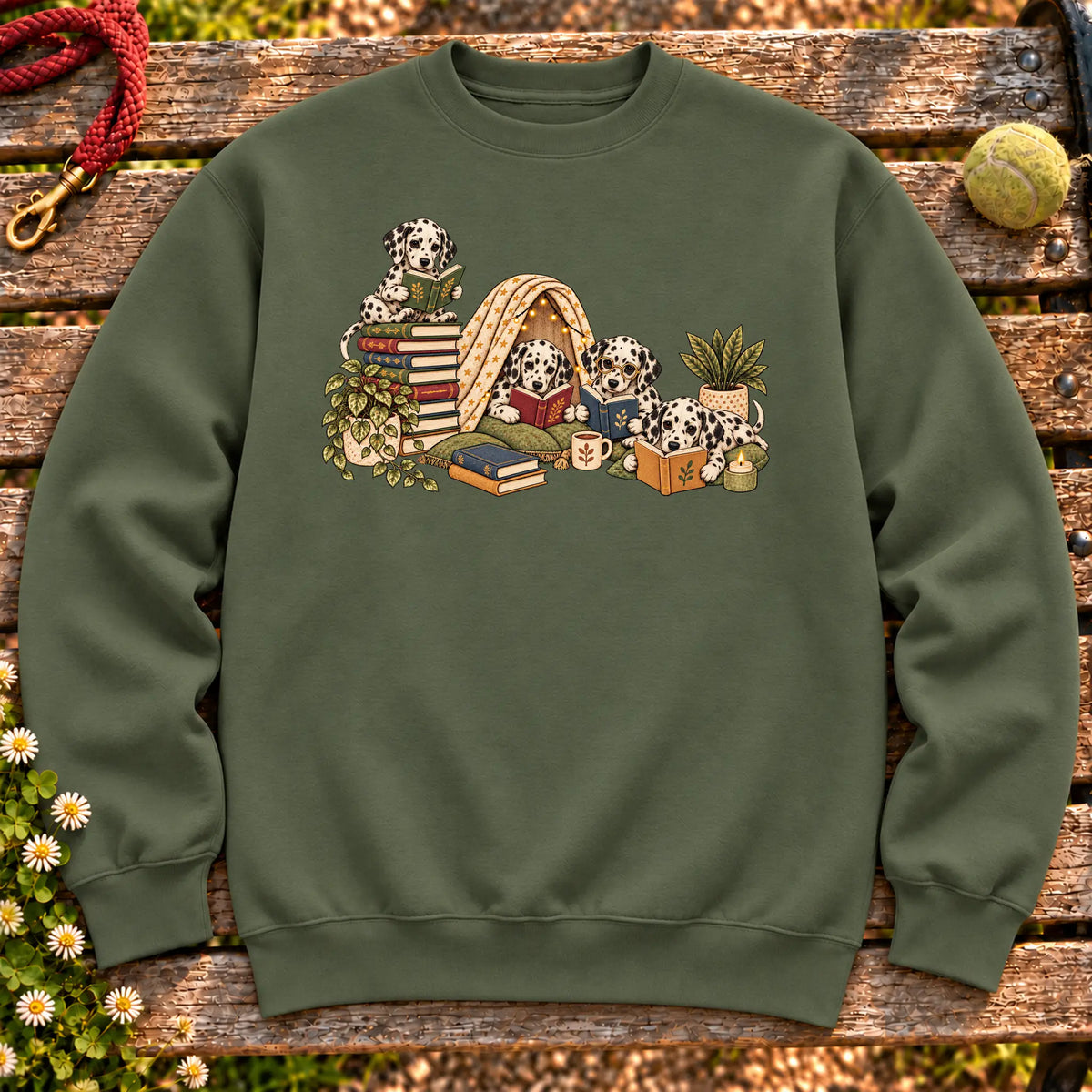 Dalmatian puppies reading books in a cozy blanket fort on a Military Green sweatshirt
