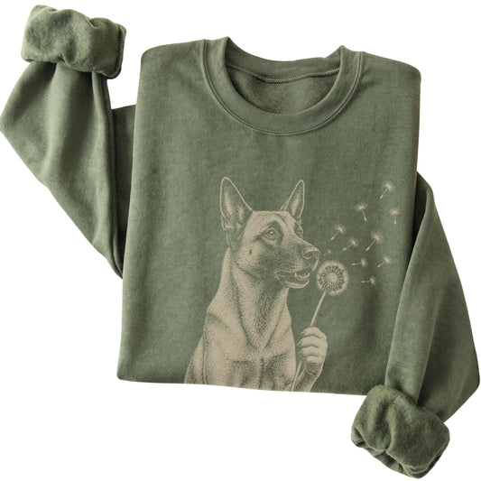 Military Green crewneck sweatshirt featuring Dandelion Belgian Malinois, folded presentation
