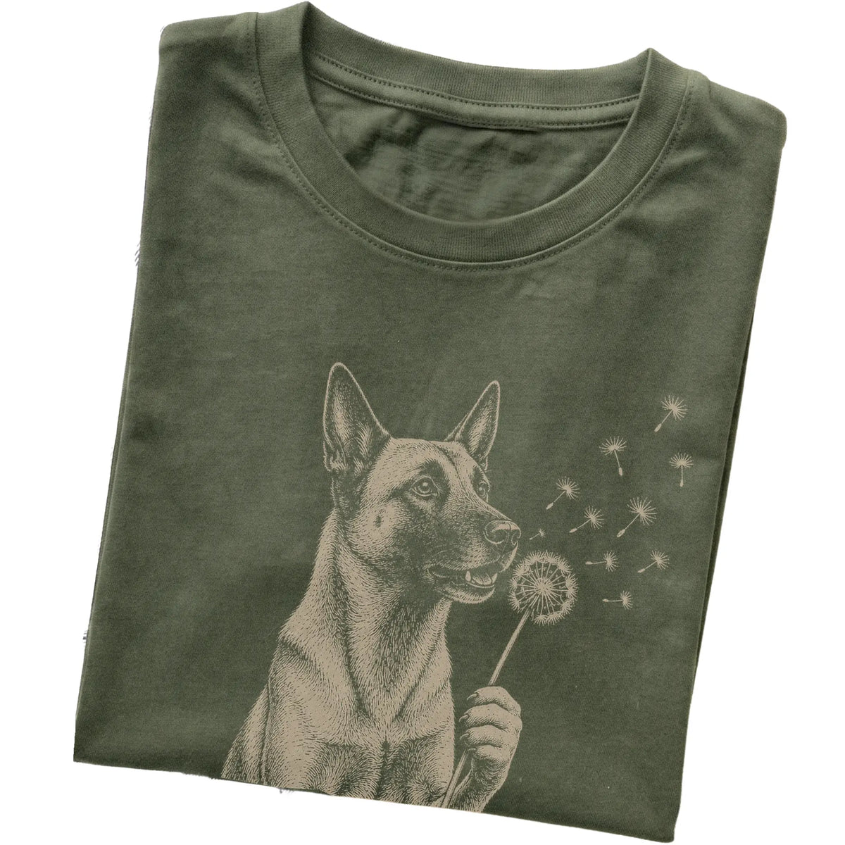 Military Green T-shirt featuring Dandelion Belgian Malinois, folded presentation
