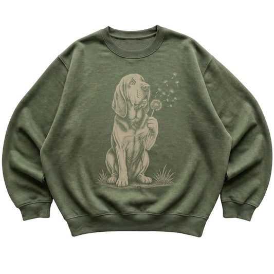 Military Green crewneck sweatshirt featuring Dandelion Bloodhound, laid-flat presentation