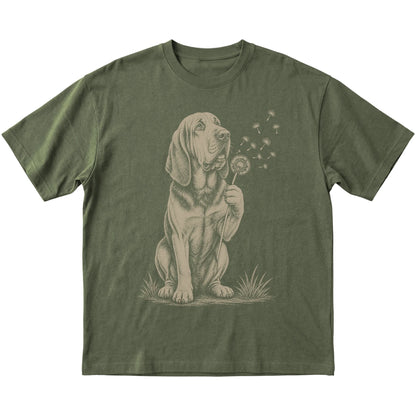 Military Green T-shirt featuring Dandelion Bloodhound, laid-flat presentation