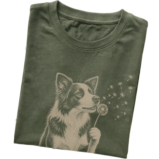 Military Green T-shirt featuring Dandelion Border Collie, folded presentation
