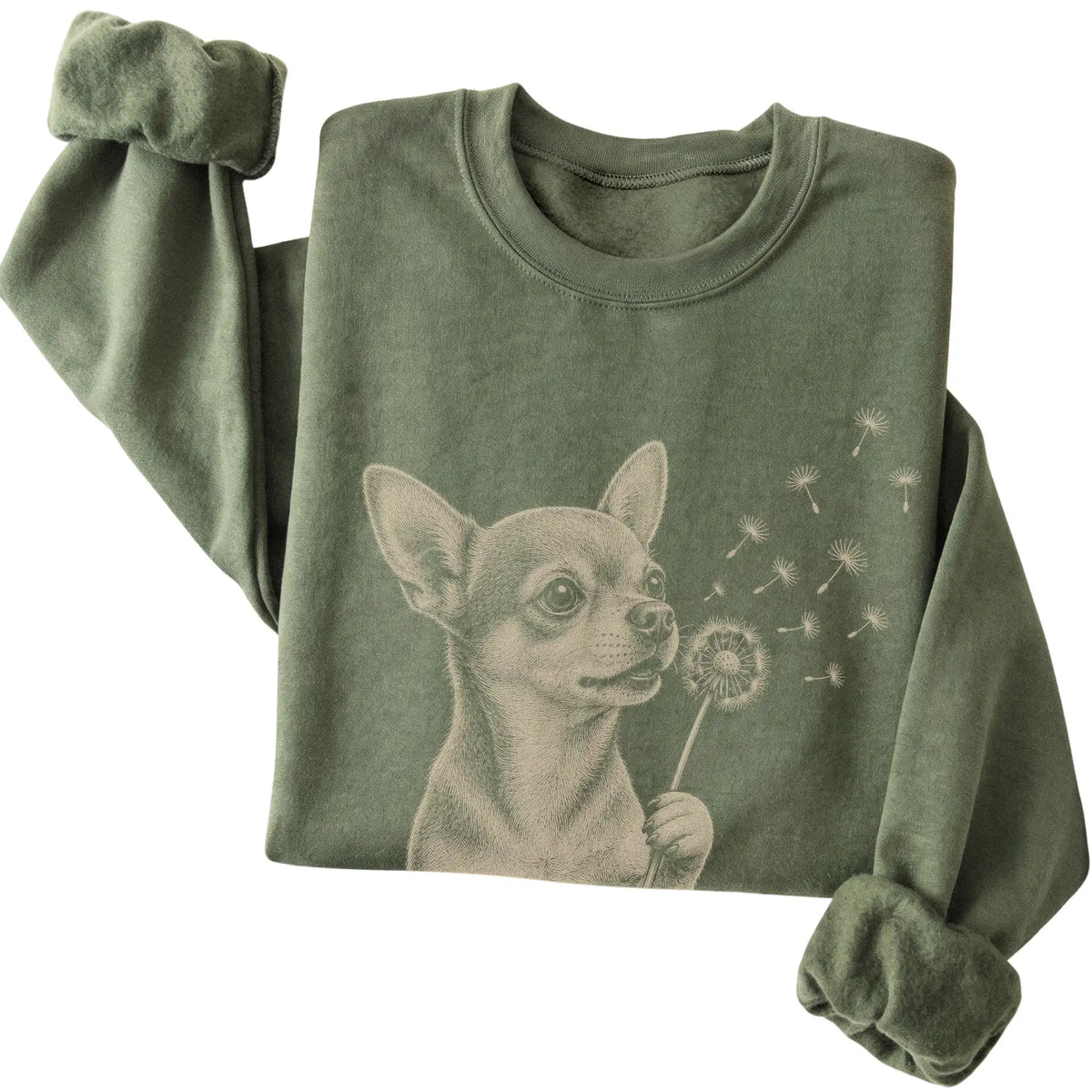 Military Green crewneck sweatshirt featuring Dandelion Chihuahua, folded presentation