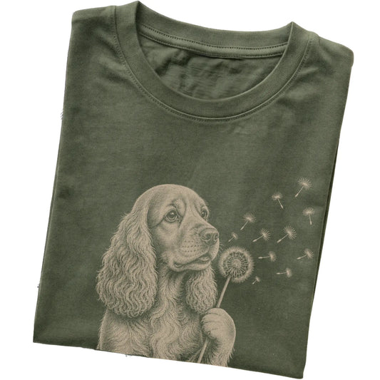 Military Green T-shirt featuring Dandelion Cocker Spaniel, folded presentation