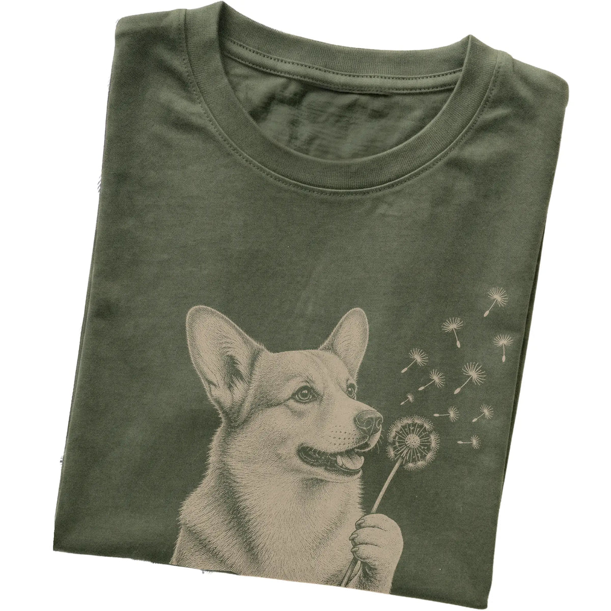 Military Green T-shirt featuring Dandelion Corgi, folded presentation