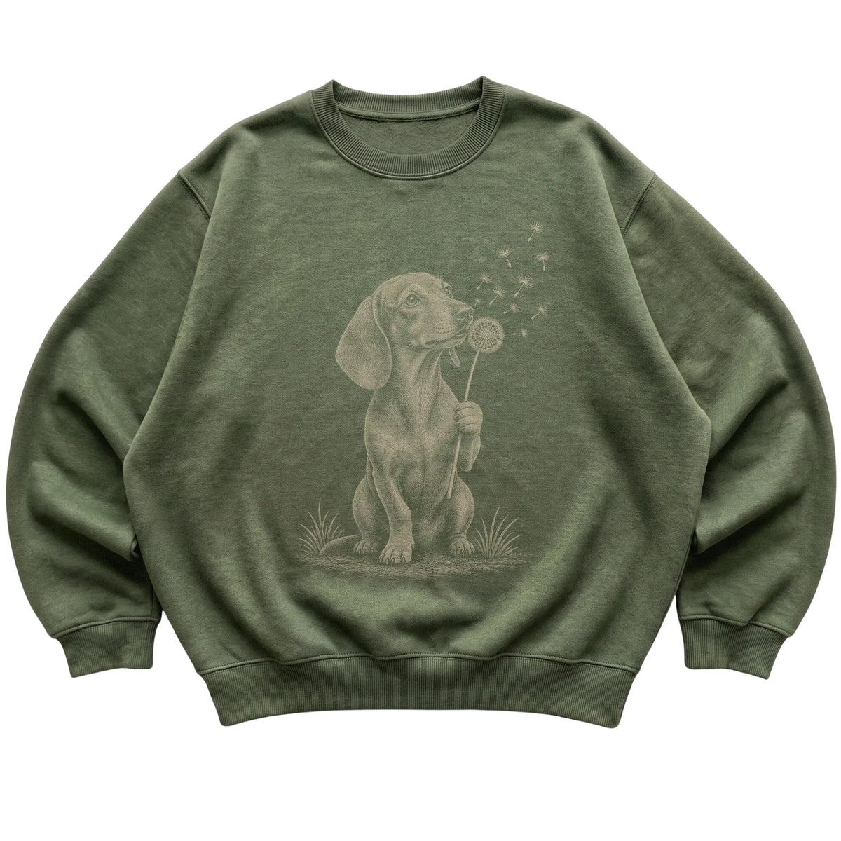 Military Green crewneck sweatshirt featuring Dandelion Dachshund, laid-flat presentation