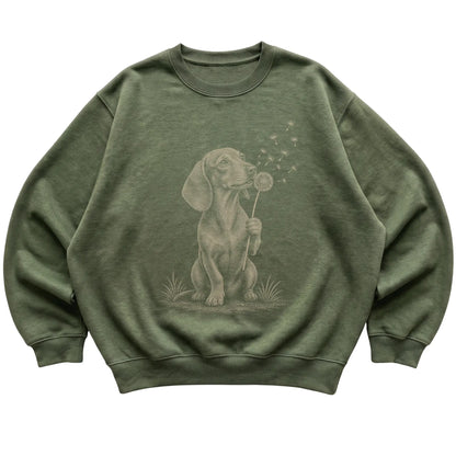 Military Green crewneck sweatshirt featuring Dandelion Dachshund, laid-flat presentation