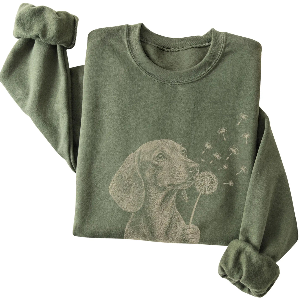 Military Green crewneck sweatshirt featuring Dandelion Dachshund, folded presentation