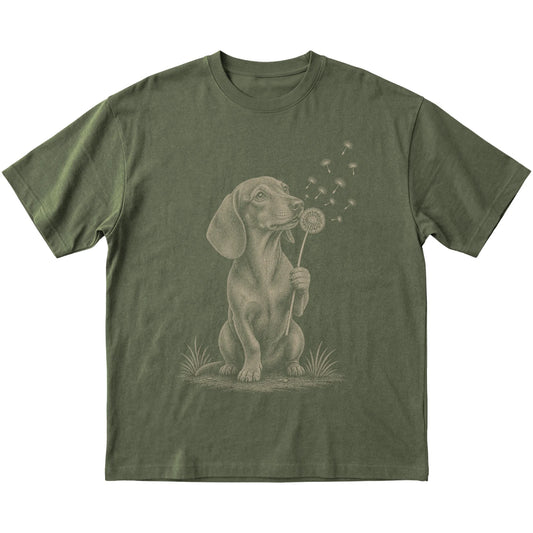Military Green T-shirt featuring Dandelion Dachshund, laid-flat presentation