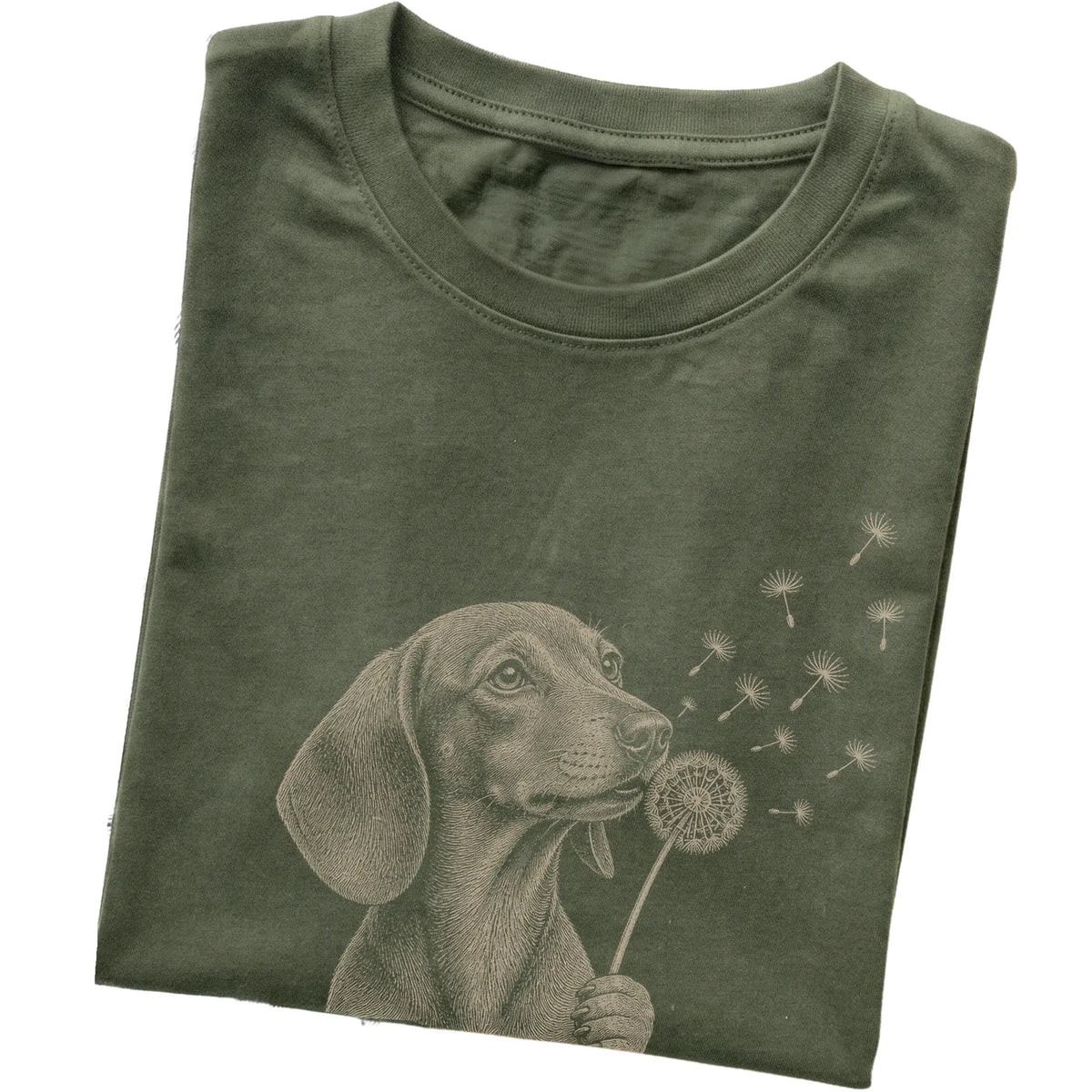 Military Green T-shirt featuring Dandelion Dachshund, folded presentation