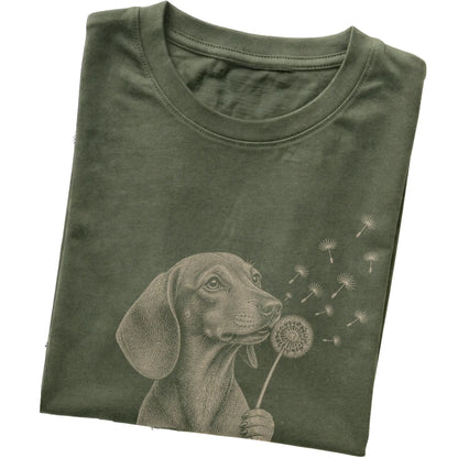 Military Green T-shirt featuring Dandelion Dachshund, folded presentation