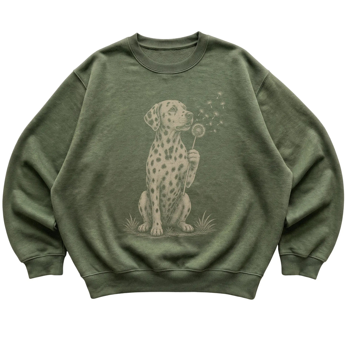Military Green crewneck sweatshirt featuring Dandelion Dalmatian, laid-flat presentation