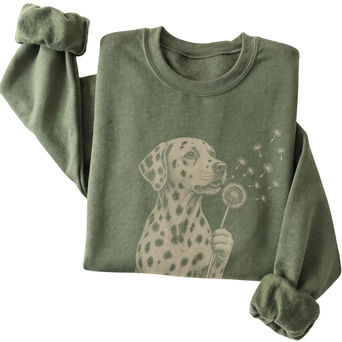 Military Green crewneck sweatshirt featuring Dandelion Dalmatian, folded presentation
