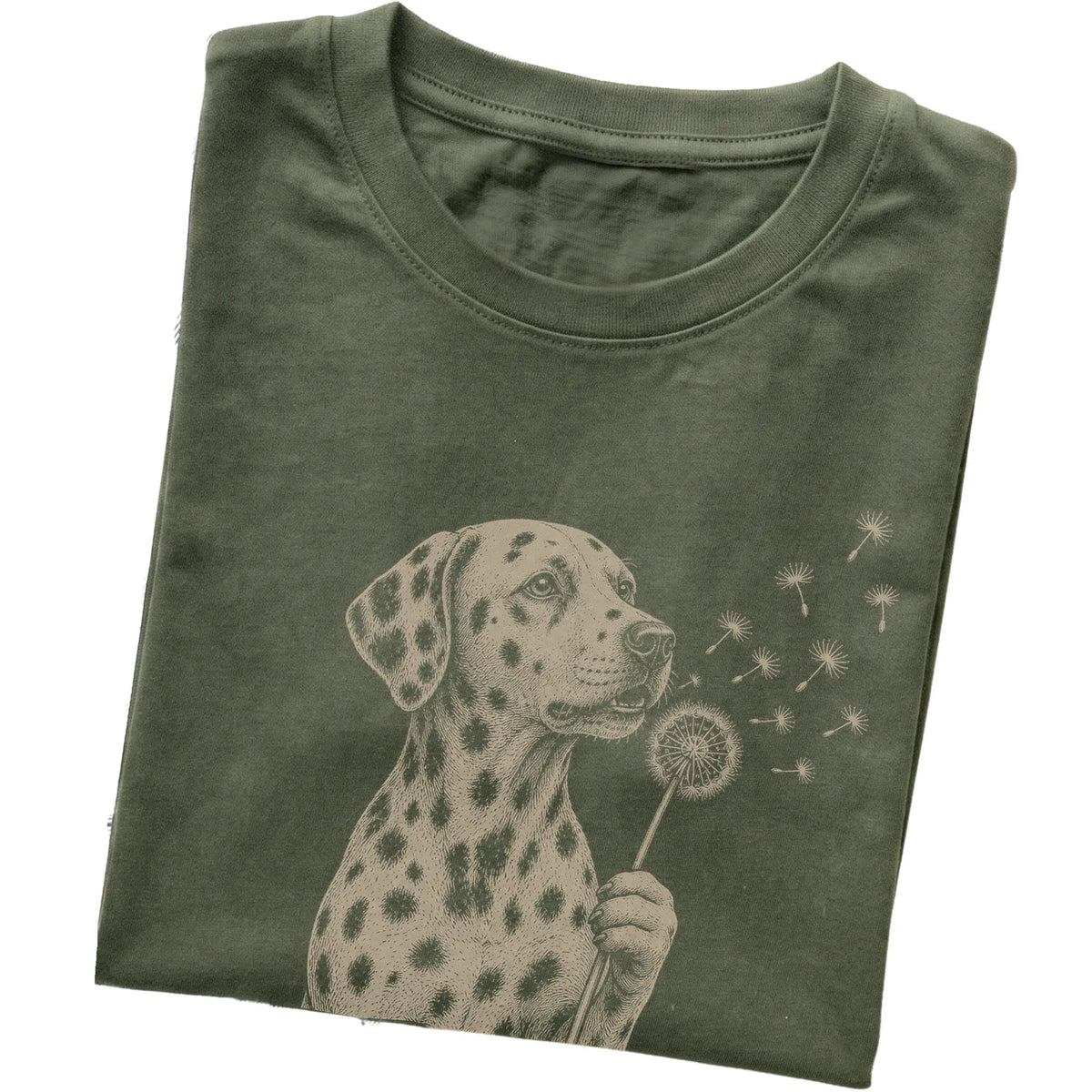 Military Green T-shirt featuring Dandelion Dalmatian, folded presentation