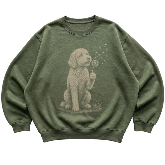 Military Green crewneck sweatshirt featuring Dandelion Goldendoodle, laid-flat presentation