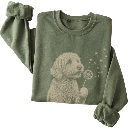Military Green crewneck sweatshirt featuring Dandelion Goldendoodle, folded presentation