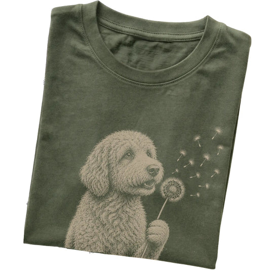Military Green T-shirt featuring Dandelion Goldendoodle, folded presentation