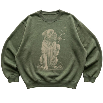Military Green crewneck sweatshirt featuring Dandelion Mastiff, laid-flat presentation