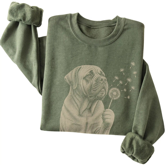 Military Green crewneck sweatshirt featuring Dandelion Mastiff, folded presentation