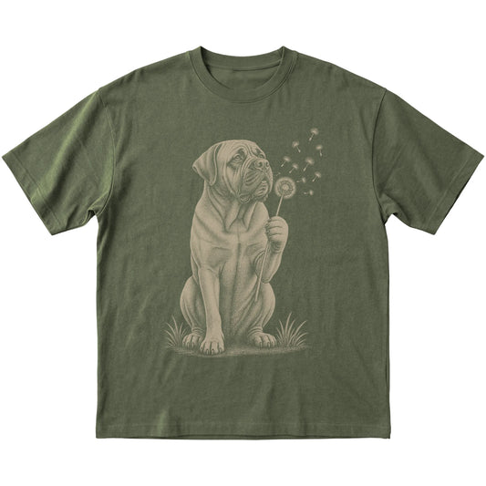 Military Green T-shirt featuring Dandelion Mastiff, laid-flat presentation