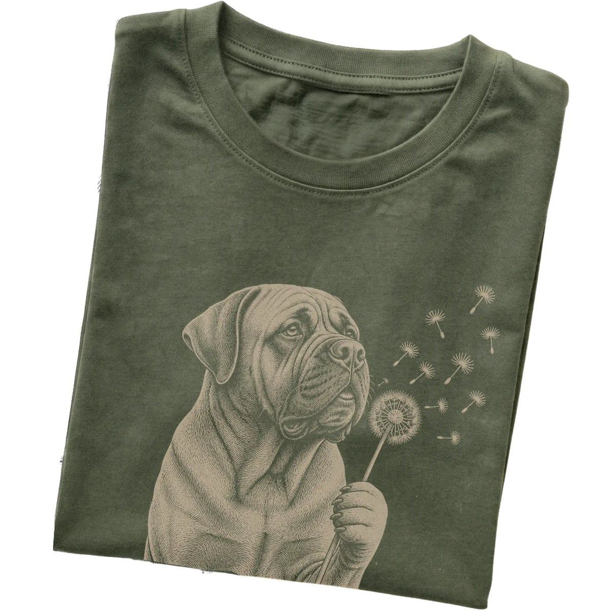 Military Green T-shirt featuring Dandelion Mastiff, folded presentation