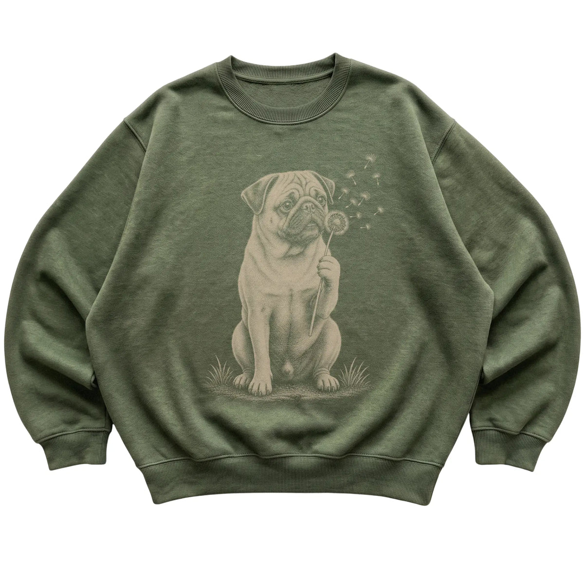 Military Green crewneck sweatshirt featuring Dandelion Pug, laid-flat presentation